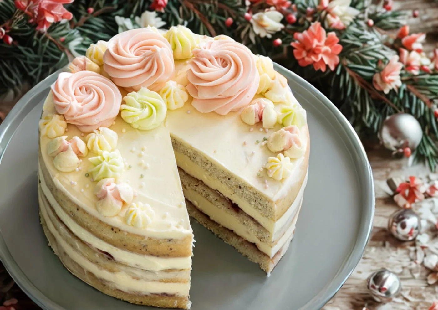 Kue Lapis Hazelnut dengan Bunga Buttercream