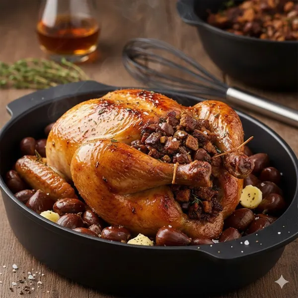 Pollo arrosto ripieno di pan di zenzero e castagne